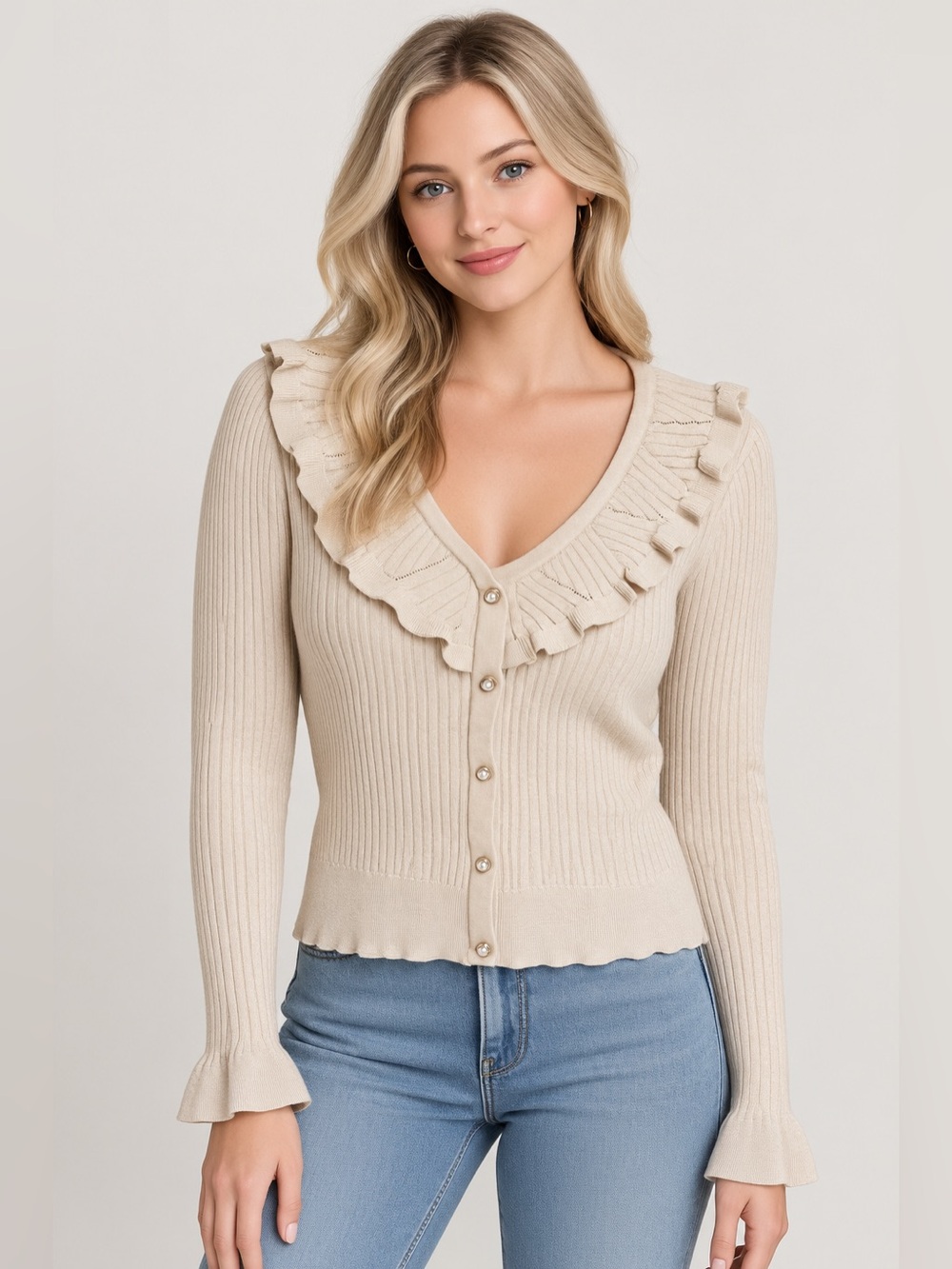 Nanette Lenore Ruffled Pearl Button-Front Sweater Cardigan in Cream Gold XL
